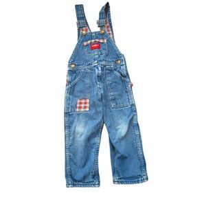 Oshkosh‎ b'gosh vintage blue denim flannel lined patchwork overalls size 3T